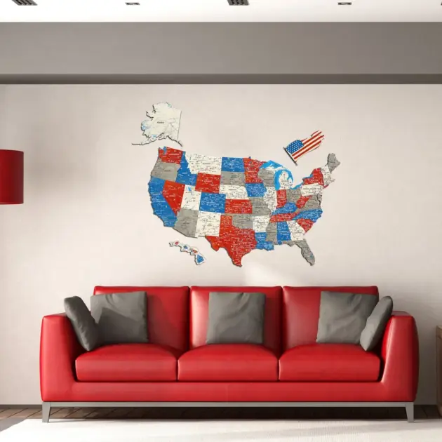 Printed Wooden USA Travel Map Wall Decor With Push Pin Design