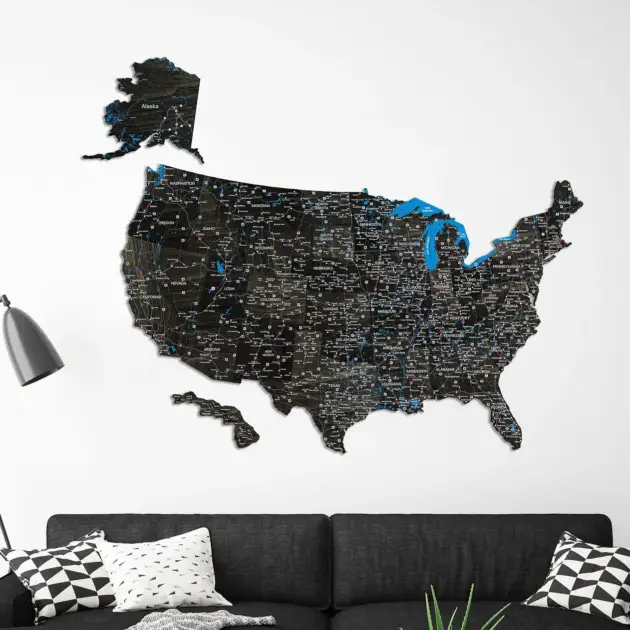 Black Wooden USA Map Detailed Wall Hanging Decoration